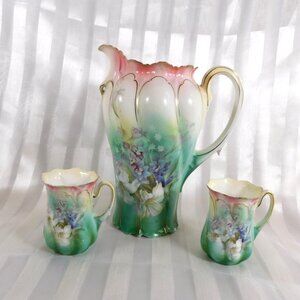 Unmarked Pink and Green Chocolate Pot with Two Cups # 26091
